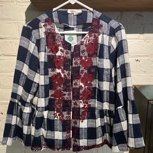 Brand new with tags. Navy and white flannel with embroidery.